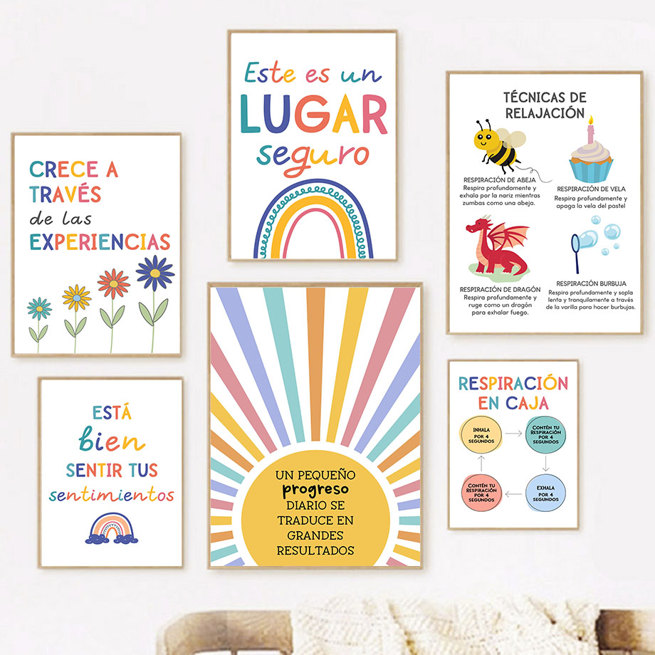Kids Educational Posters - スペイン教育モットーレインボーサンシャイン壁アートキャンバス絵画北欧ポスターやプリント漫画の絵ベビーキッズルームの装飾