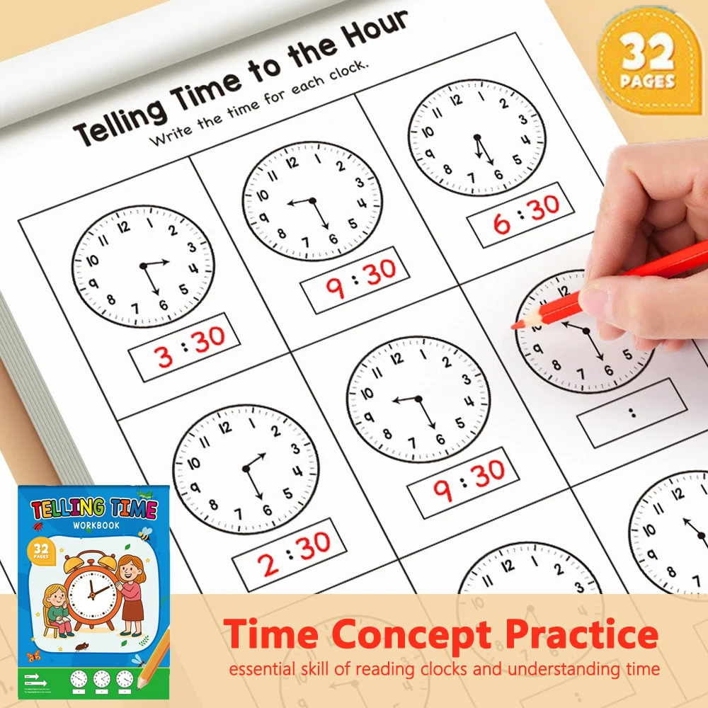 Kids Educational Workbooks - 32ページの子供向け時間学習ワークブック（4～8歳）幼稚園・保育園・小学校向け教育用ワークブック、時計の読み方を学ぶための教材