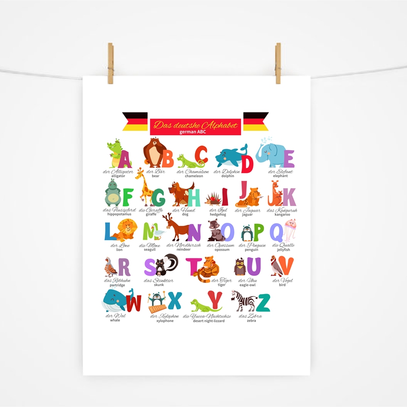 Kids Educational Posters - ドイツ語アルファベット動物保育園壁アートキャンバス絵画教育ポスター外国語学習プリントキッズルームアート装飾