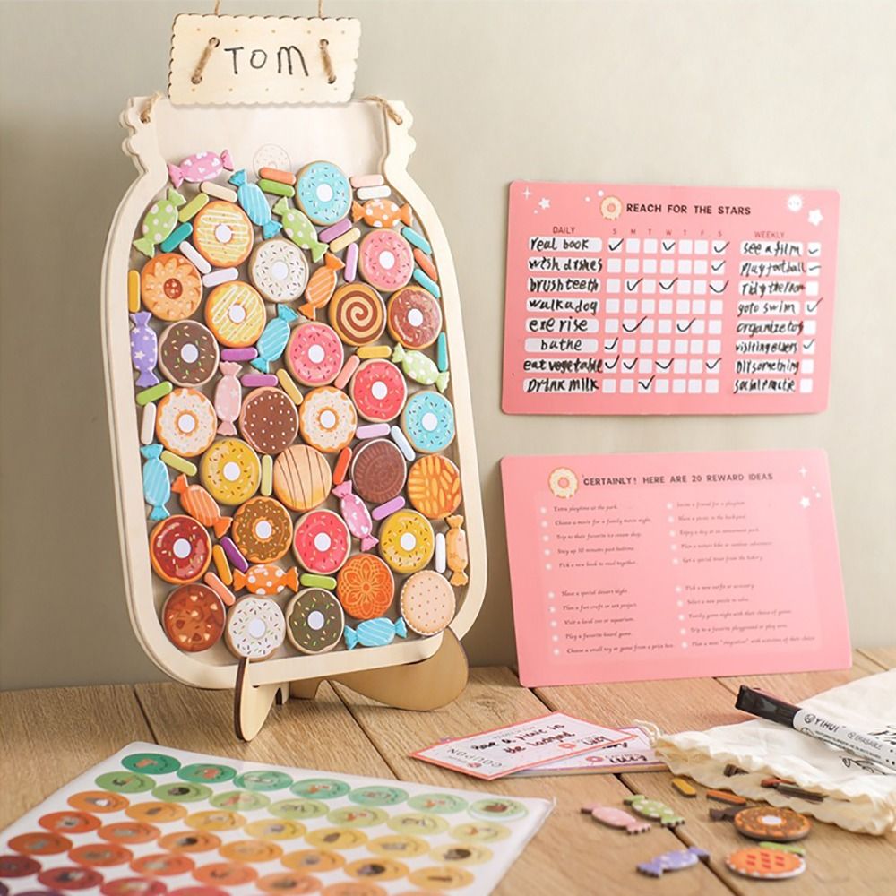 Kids Education Charts - 星型またはドーナツ型の木製ご褒美ボトル、教育用アクセサリー、家事チャート、子供用ご褒美ジャー、行動チャート