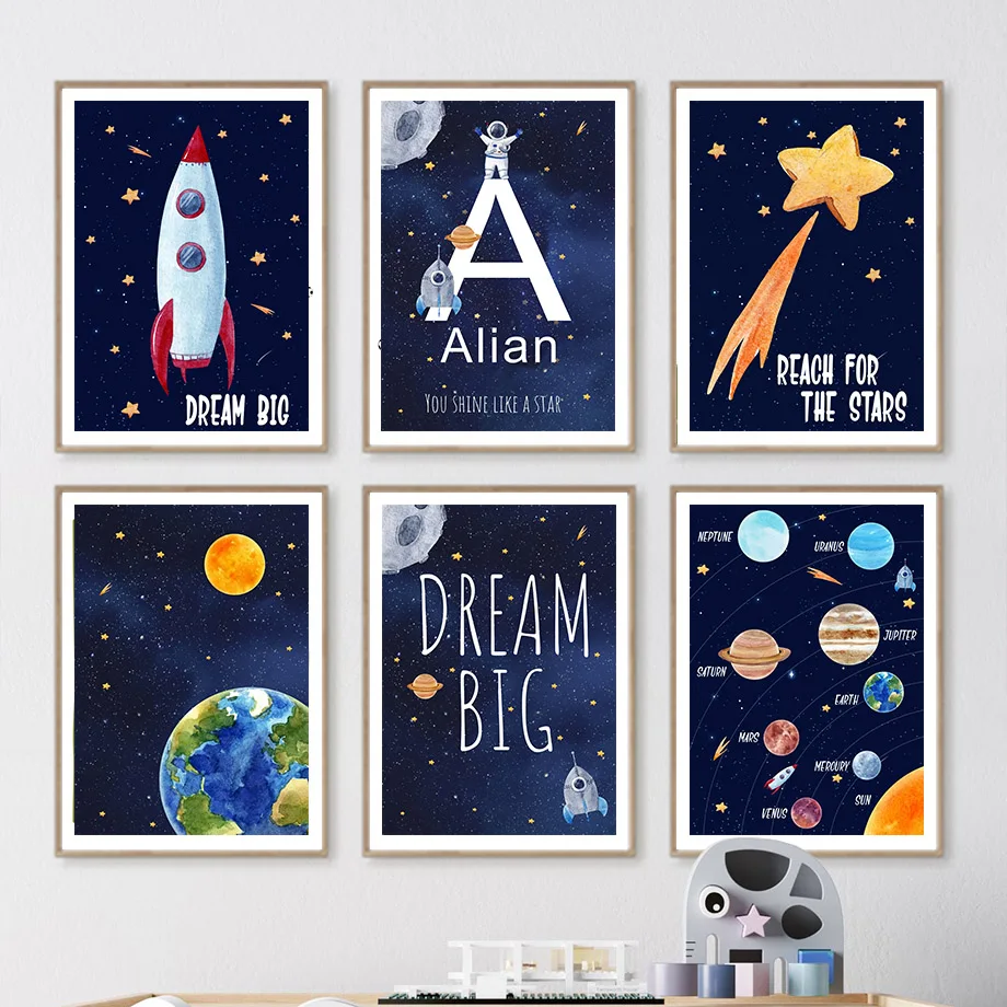 Kids Educational Posters - 1pc キャンバス絵画カスタム名キッズルーム装飾壁アートプリント宇宙宇宙飛行士インテリアポスターベビーキャンバス装飾
