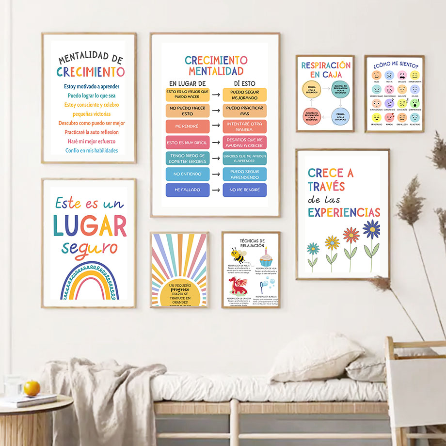 スペイン教育モットーレインボーサンシャイン壁アートキャンバス - Kids Educational Posters のレビューと価格
